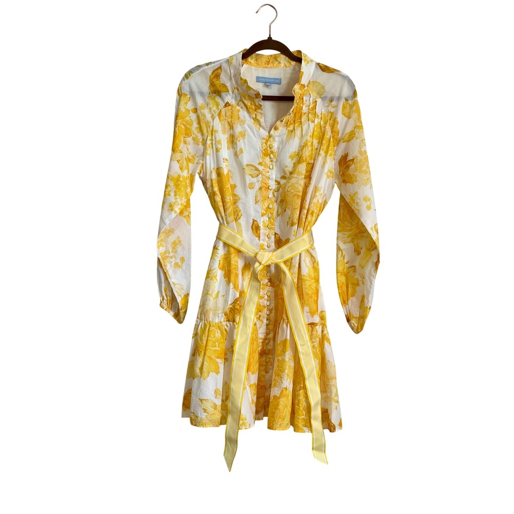 Antonio Melani Yellow Floral Shirt Dress Size 8 Cotton Belted Cottagecore Mini